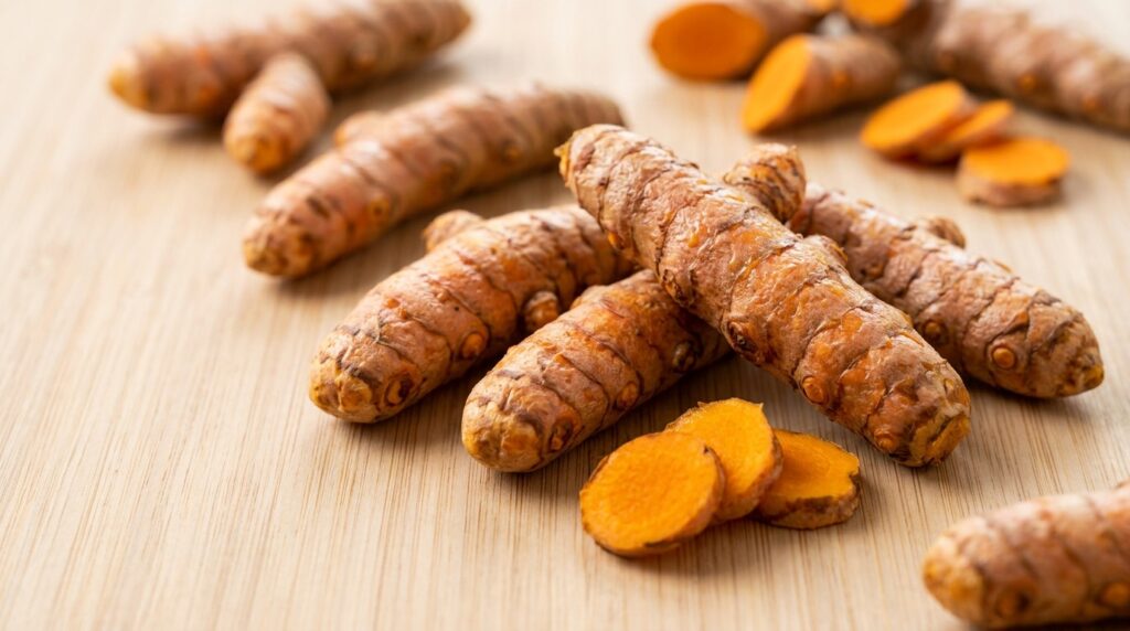 Whole fresh turmeric roots with orange-brown skin on a wooden surface.