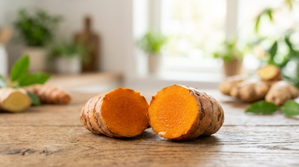 Fresh turmeric root sliced open showing bright orange flesh inside.