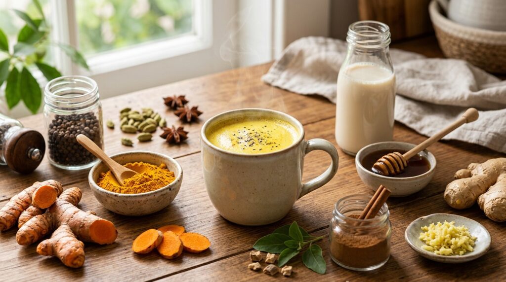 Ingredients for golden milk including turmeric, ginger, cinnamon, black pepper, honey, and milk.