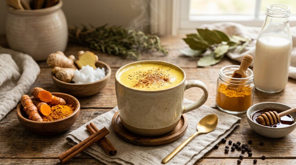 Creamy homemade golden milk turmeric recipe served in a ceramic mug with cinnamon and ground turmeric.