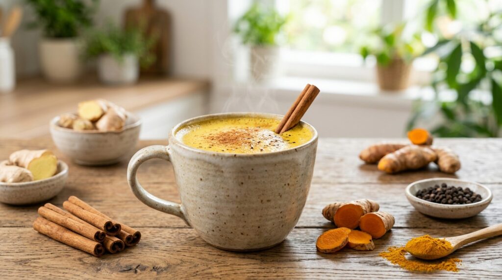 Cup of golden milk made with turmeric, cinnamon and black pepper.