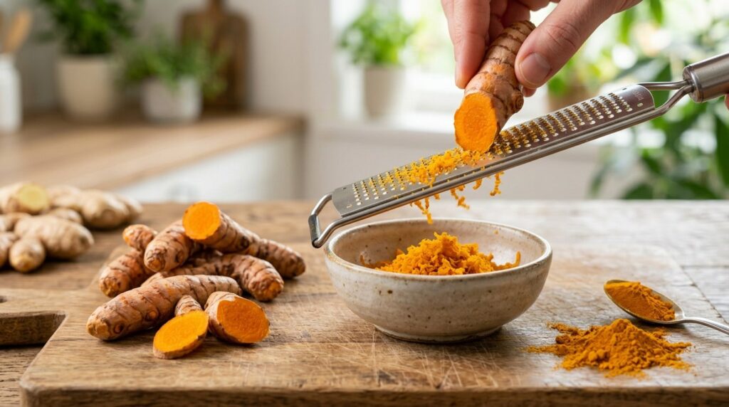 Fresh turmeric root being grated for use in cooking and beverages.