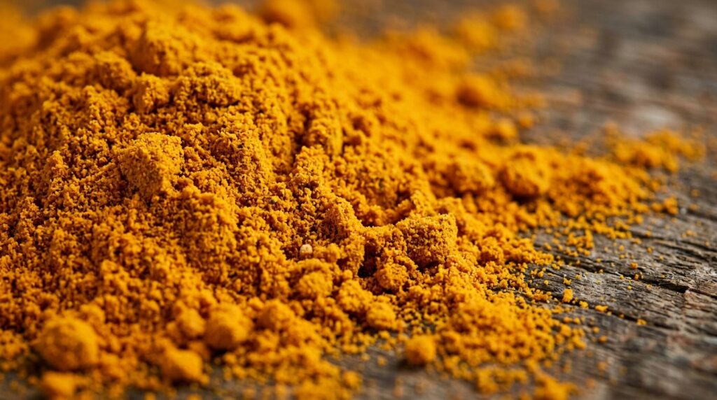 Close-up of finely ground turmeric powder showing its smooth texture and bright golden colour.