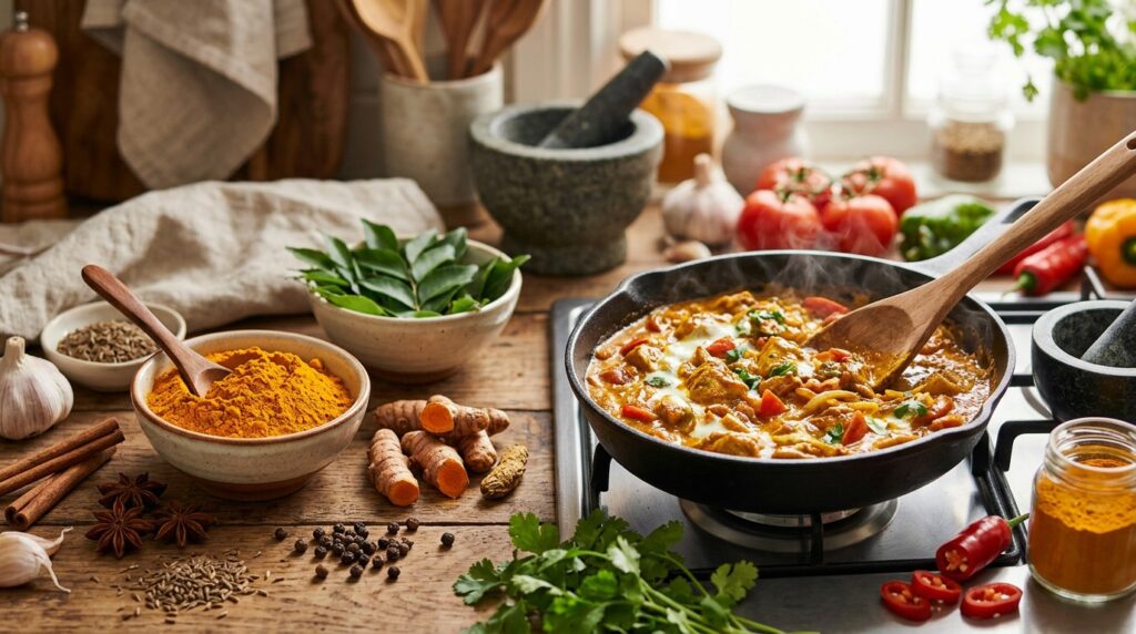 Ground turmeric powder being added to a homemade curry with vegetables and spices.