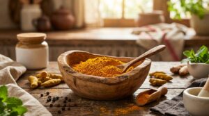 Ground turmeric powder in a wooden bowl with fresh turmeric roots on a rustic wooden surface.