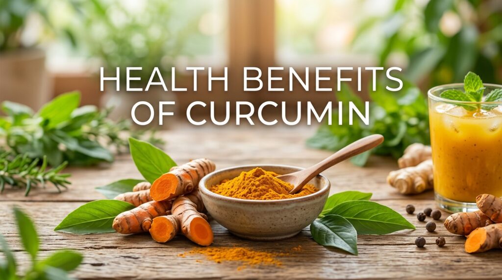Health benefits of curcumin: fresh turmeric root, turmeric powder and a golden turmeric drink
