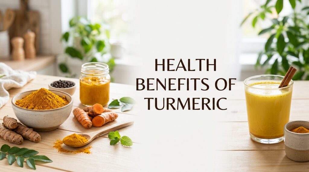 Health benefits of turmeric: turmeric powder, root, black pepper and a golden turmeric drink