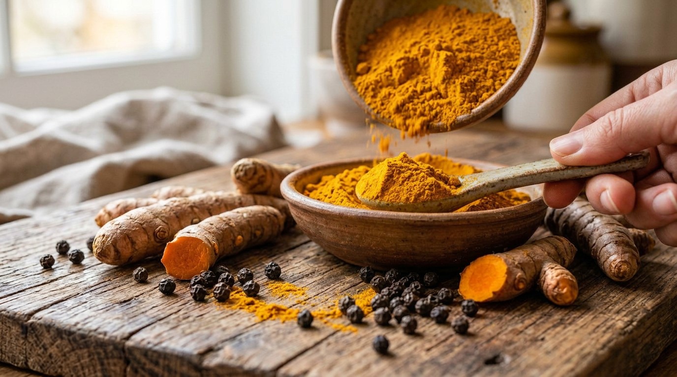 Measuring turmeric powder into a spoon showing a typical daily serving.