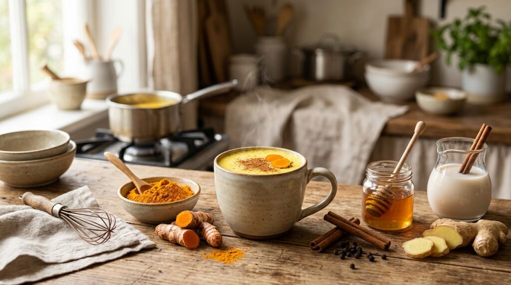 Whisking turmeric, cinnamon, and milk together in a saucepan while preparing homemade golden milk.