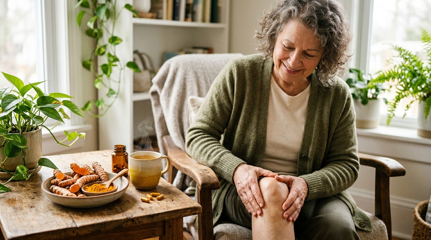 Person holding a painful knee beside fresh turmeric root and ground turmeric.