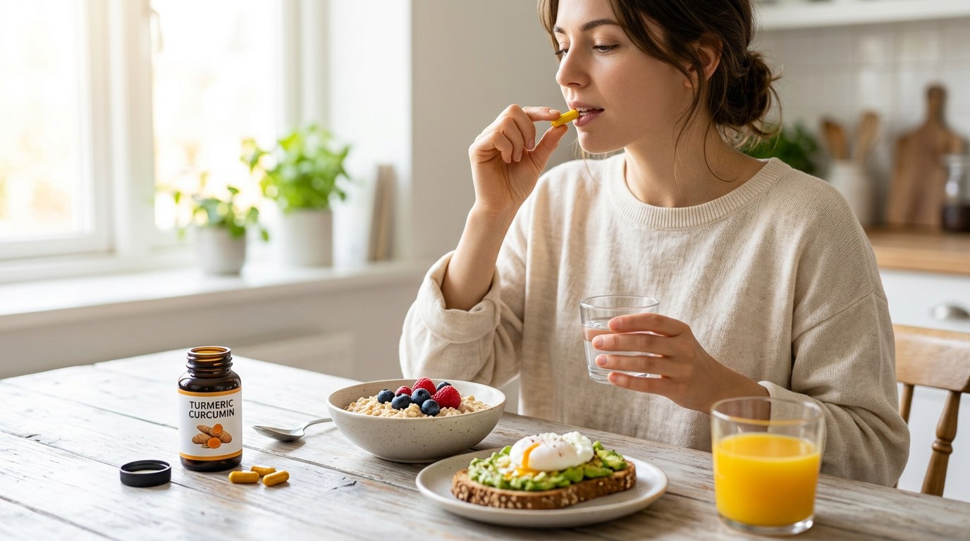 Person taking a turmeric supplement with breakfast.