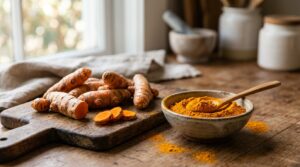 Fresh turmeric root beside ground turmeric powder showing the natural spice known for its antioxidant and anti-inflammatory properties.