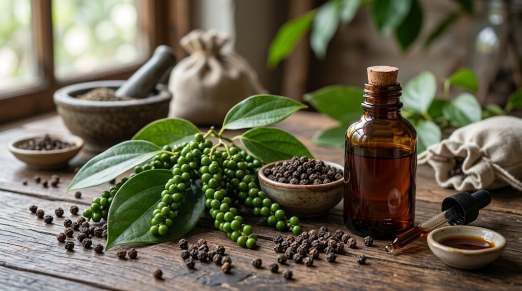 Black peppercorns and a dropper bottle of turmeric extract, showing how piperine improves curcumin absorption