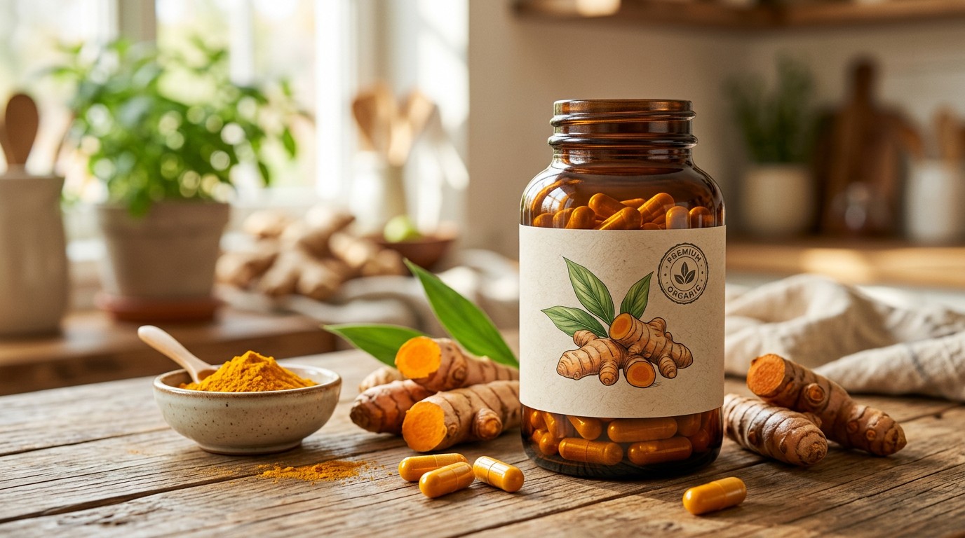 Premium turmeric capsules in a supplement bottle