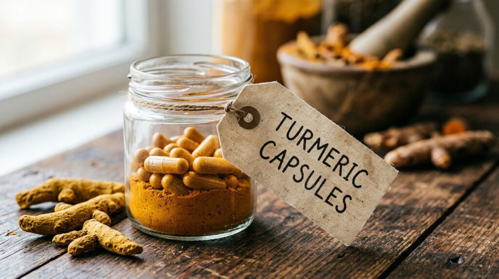 A glass jar of turmeric capsules with fresh turmeric root