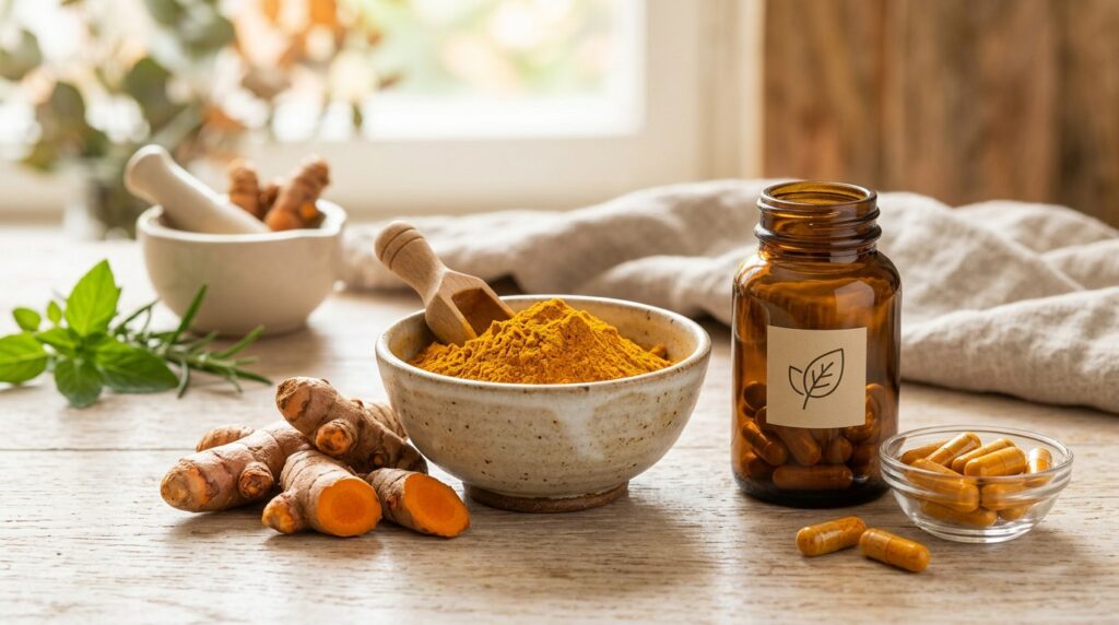 Fresh turmeric root, a bowl of turmeric powder and an amber bottle of curcumin capsules