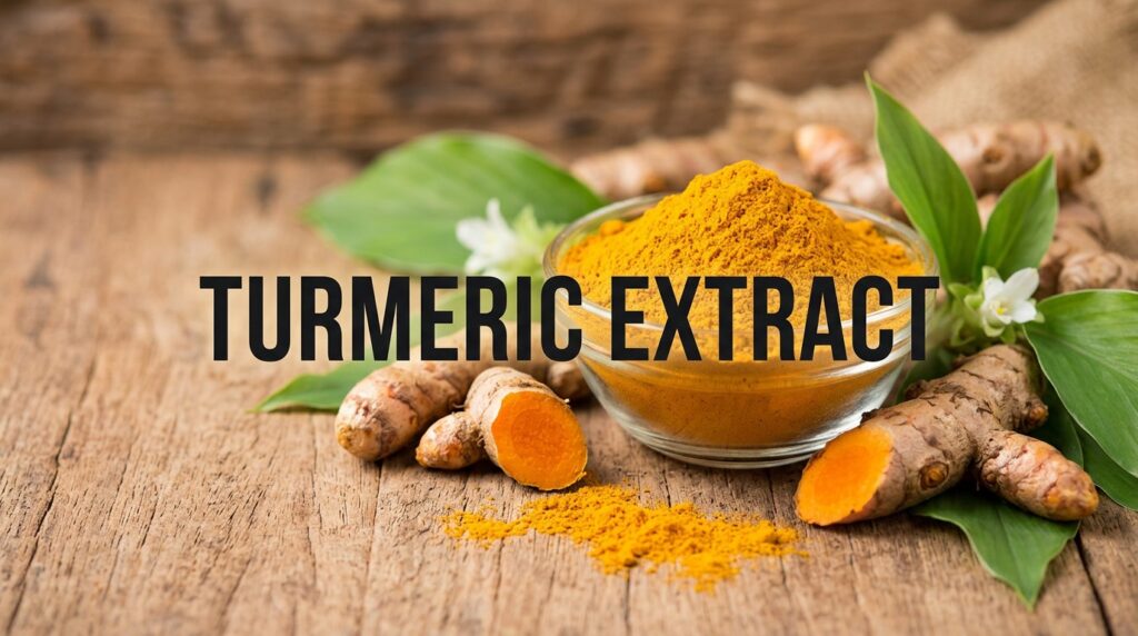A bowl of concentrated turmeric extract powder beside fresh turmeric root and leaves