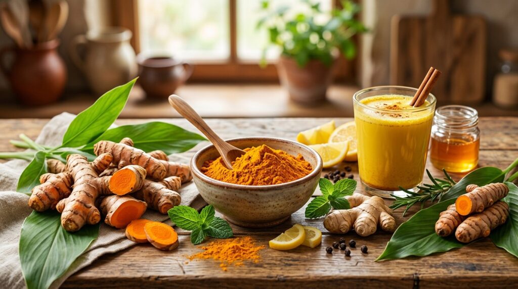 Turmeric root, turmeric powder and a warm golden milk drink with honey and lemon