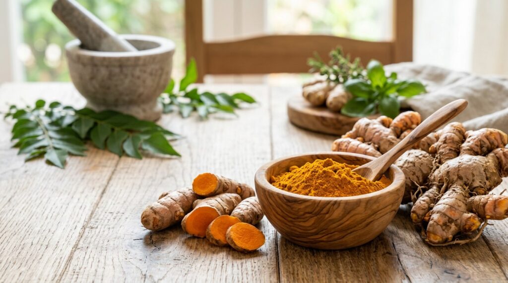 Fresh turmeric root and ground turmeric powder used for health benefits and cooking.