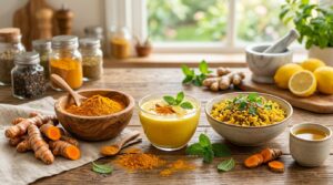 Infographic showing the main health benefits associated with turmeric including joint health, antioxidants and digestion.