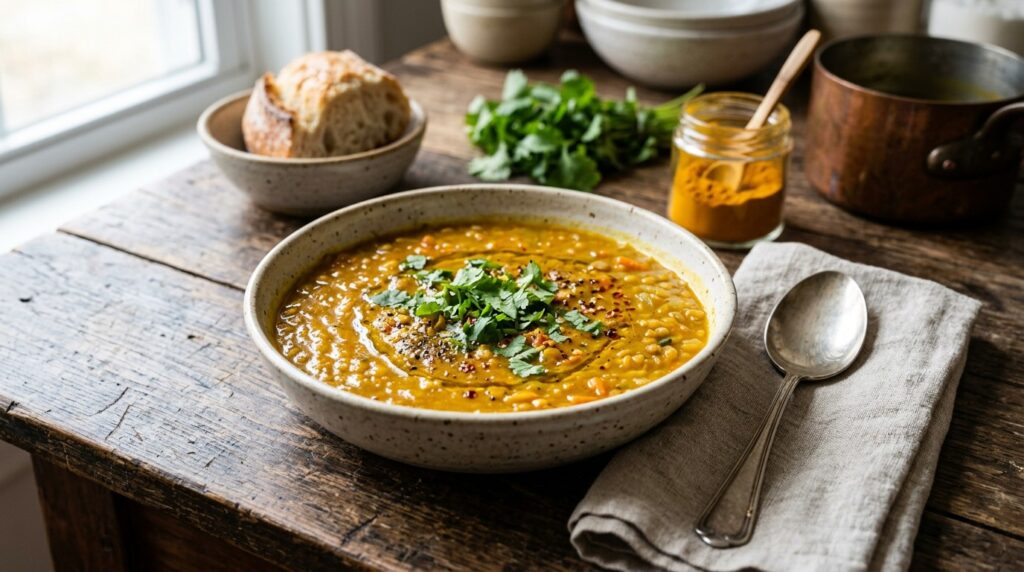 A bowl of turmeric lentil soup garnished with fresh herbs and served with bread