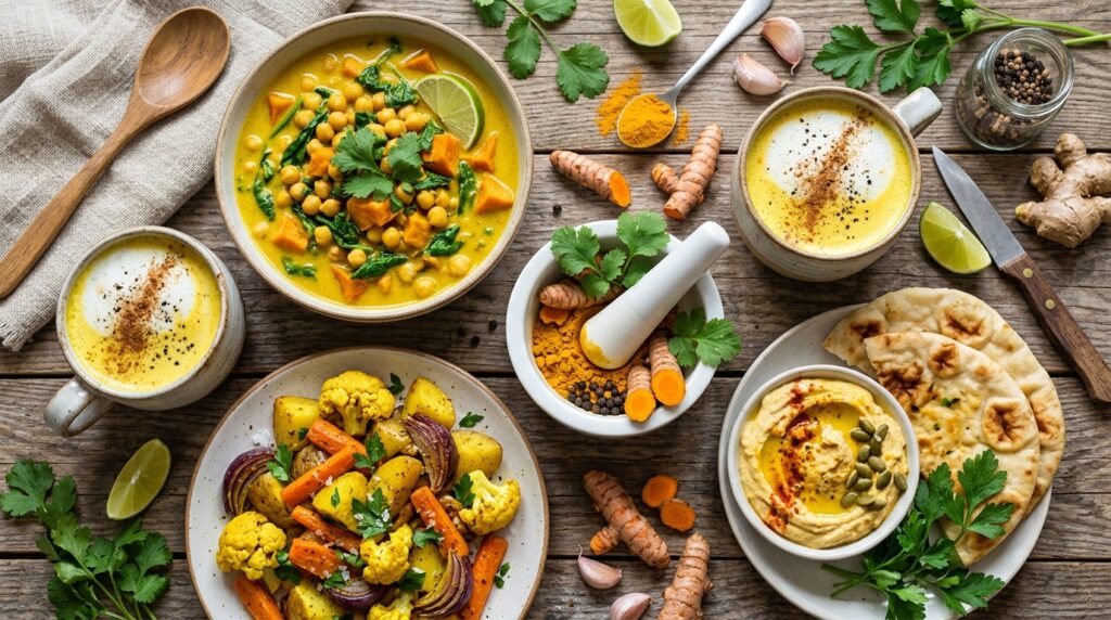 A spread of turmeric dishes including chickpea curry, golden soup, roasted vegetables, hummus and flatbread