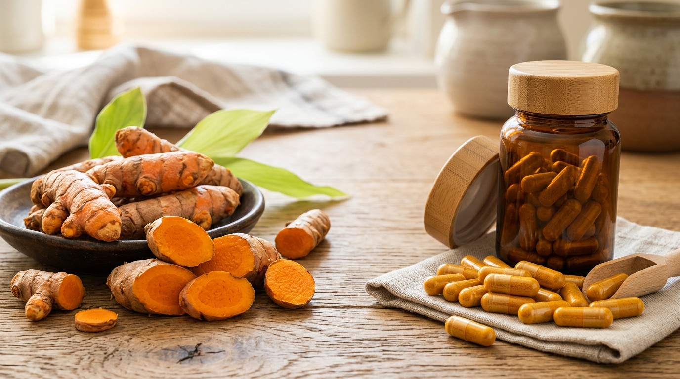 Fresh turmeric root with turmeric capsules