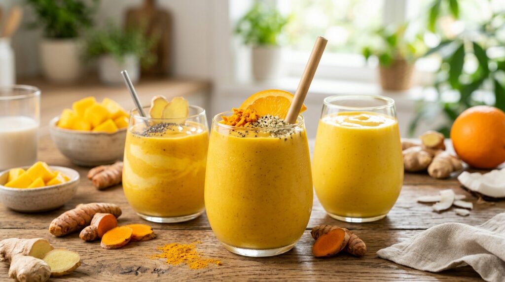 Three golden turmeric smoothies in glasses with orange, ginger and fresh turmeric root