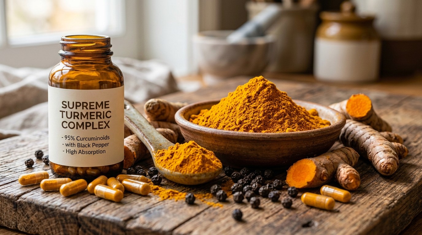 High-quality turmeric supplement capsules with fresh turmeric root.