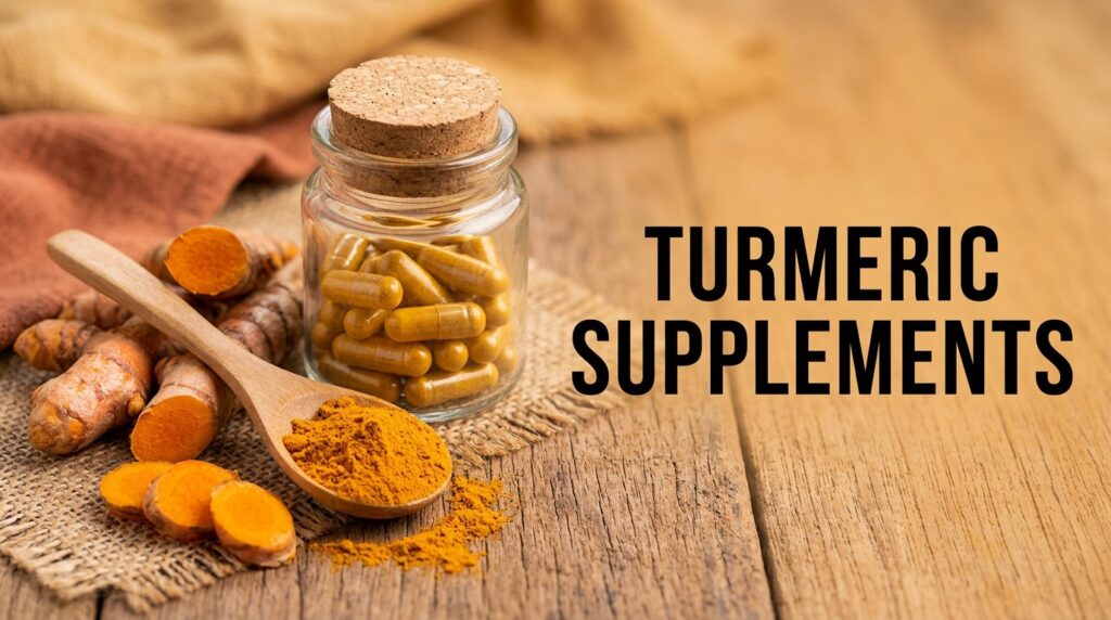 Turmeric supplements: a jar of turmeric capsules with a spoon of turmeric powder and fresh turmeric root