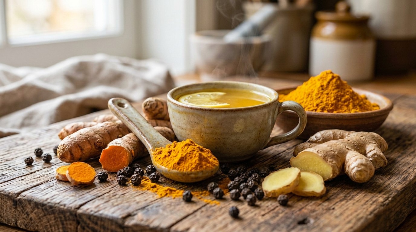 Homemade turmeric tea with ginger and black pepper