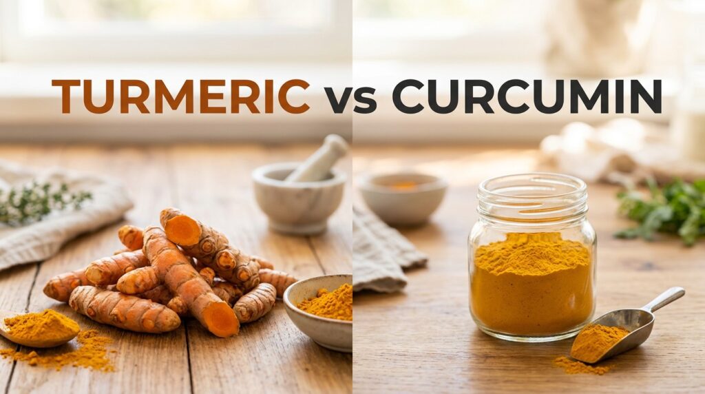 Turmeric vs curcumin: fresh turmeric root, a bowl of turmeric powder and a jar of ground turmeric