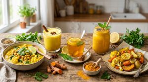 Different ways to use turmeric including curry, golden milk, tea and smoothies.