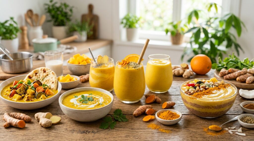 Fresh turmeric, ground turmeric, herbal tea, smoothie and curry ingredients arranged on a table.
