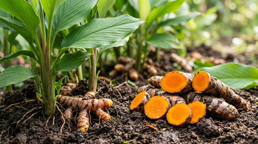 Fresh turmeric root sliced open showing its bright orange flesh.