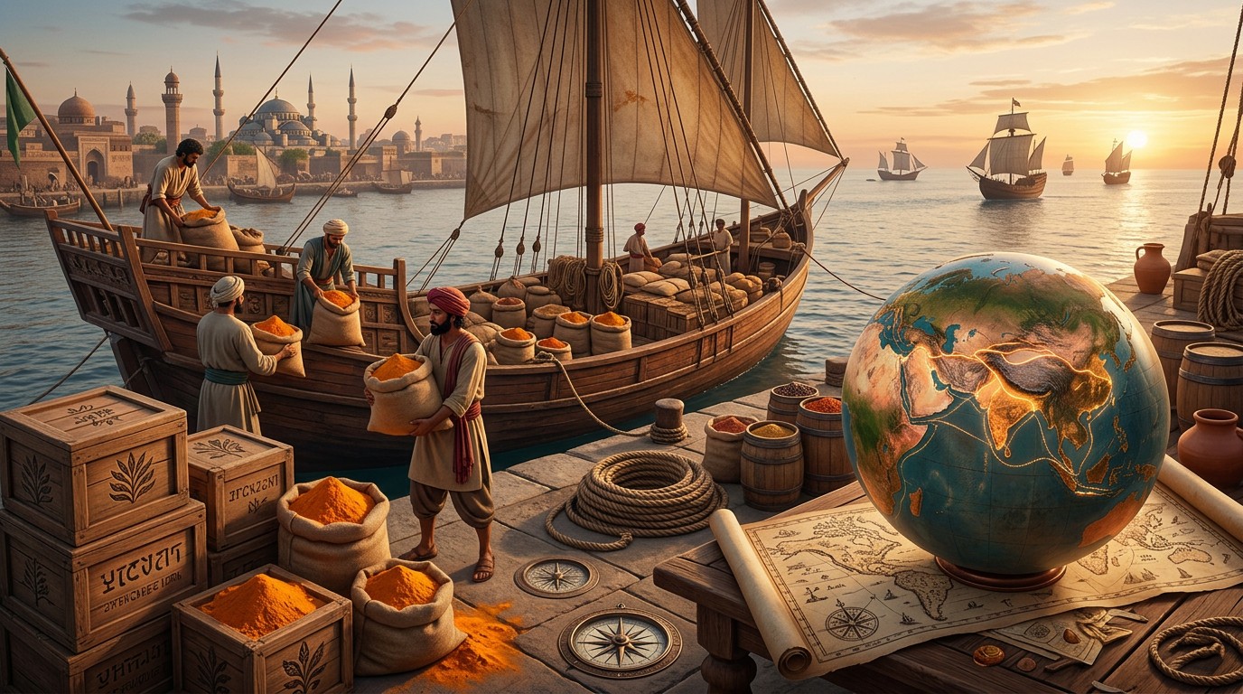 Historic map showing ancient spice trade routes from India across Asia and Europe.