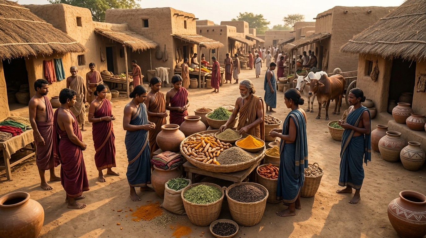 Ancient spice market from India trading turmeric.