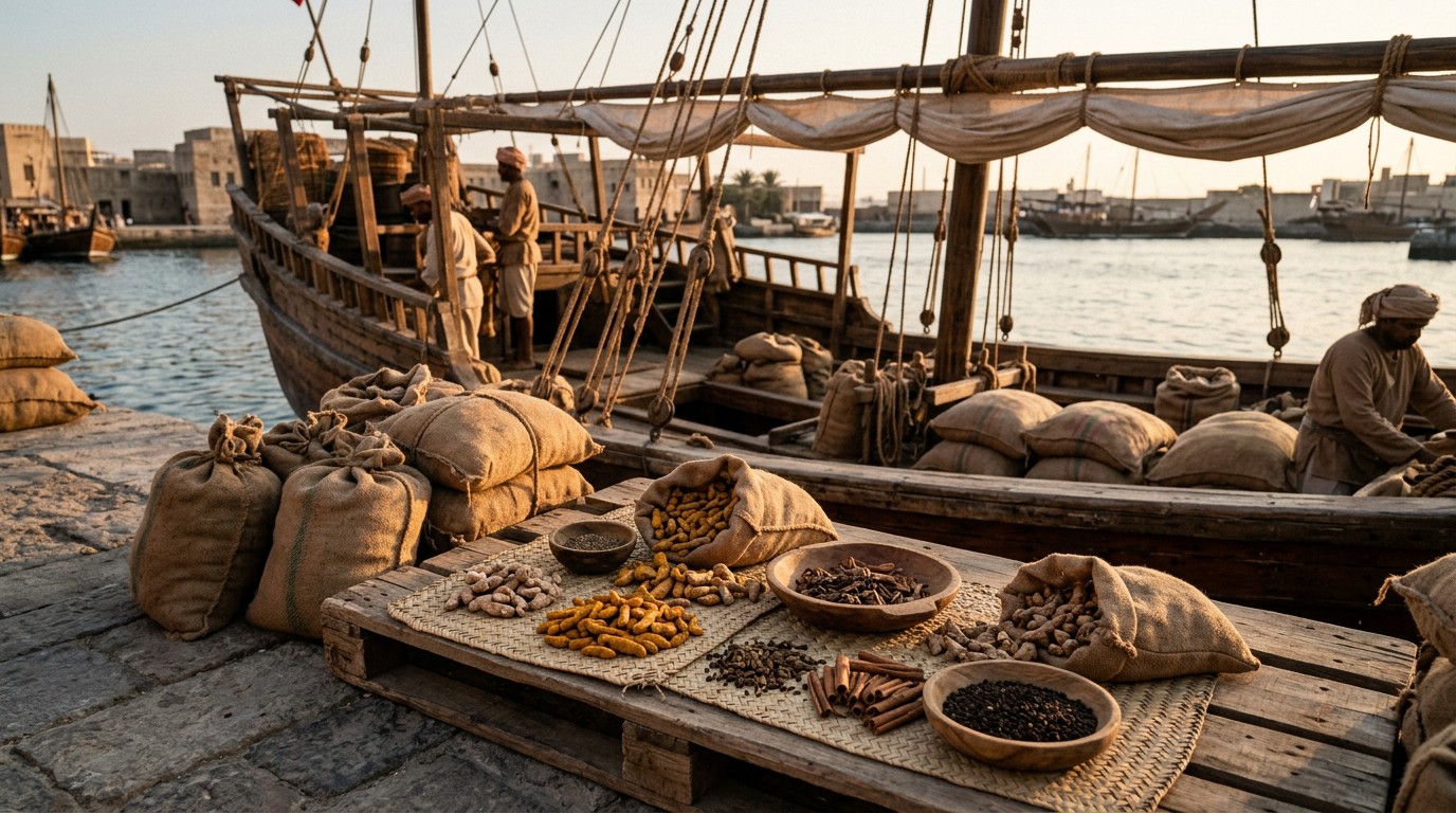 Turmeric and other spices representing the ancient Asian spice trade.