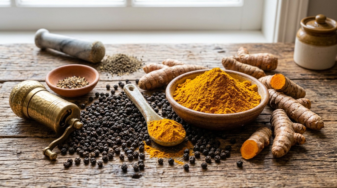 Does black pepper increase turmeric absorption? Turmeric powder and black pepper beside each other.