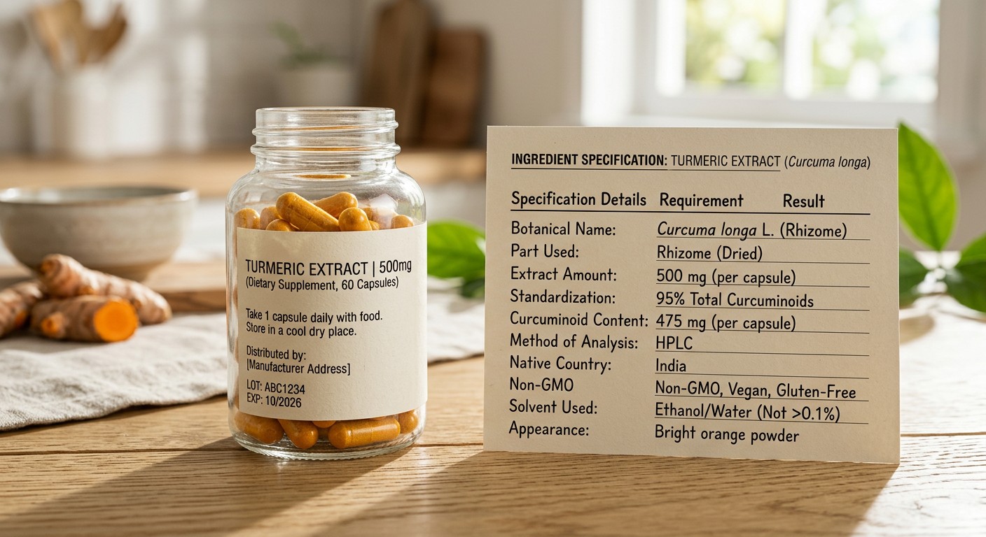 Turmeric extract supplement bottle beside an ingredient specification sheet