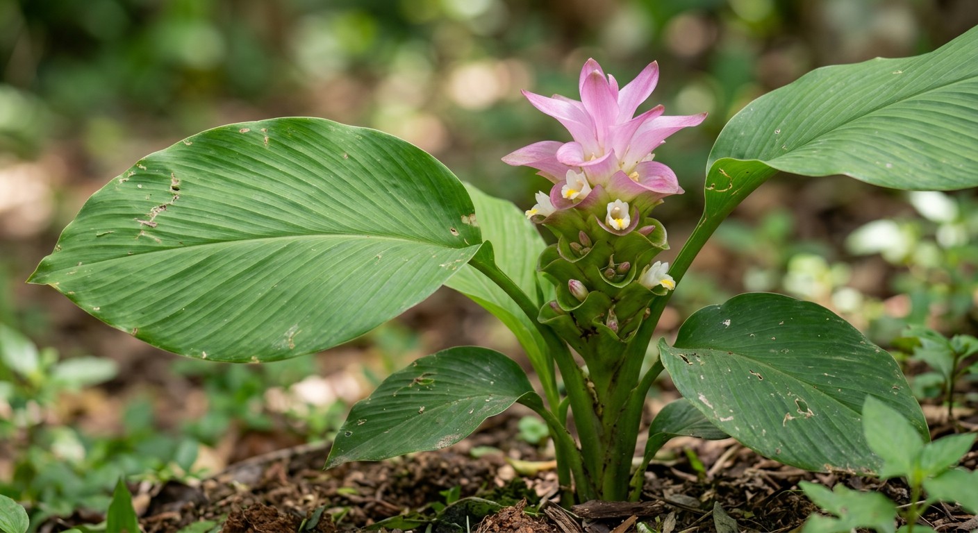 Close-up of Curcuma longa leaves and turmeric flowers