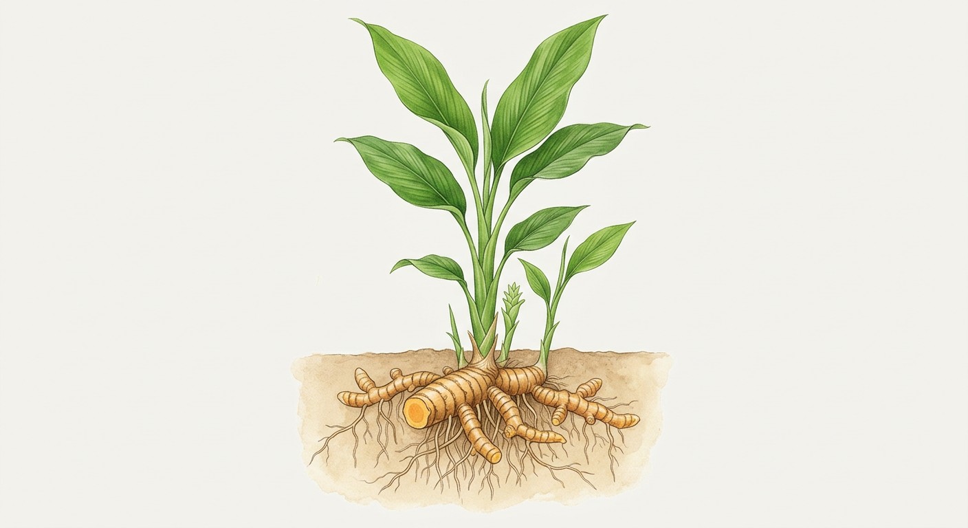 Educational illustration of the Curcuma longa turmeric rhizome underground stem