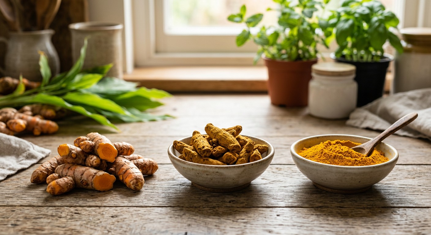 Curcuma longa rhizome and dried turmeric powder showing how turmeric spice is produced