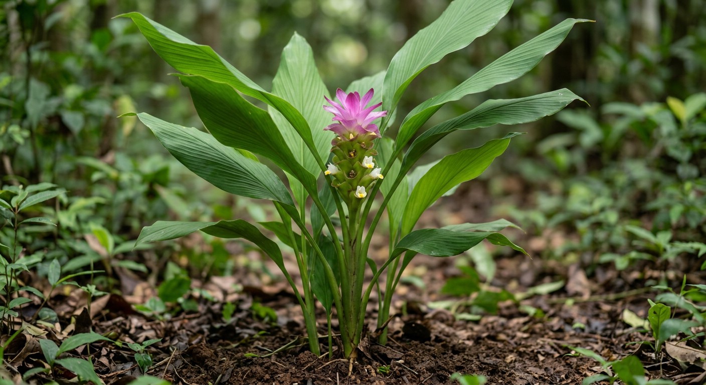 Curcuma longa turmeric plant with green leaves growing in a tropical setting