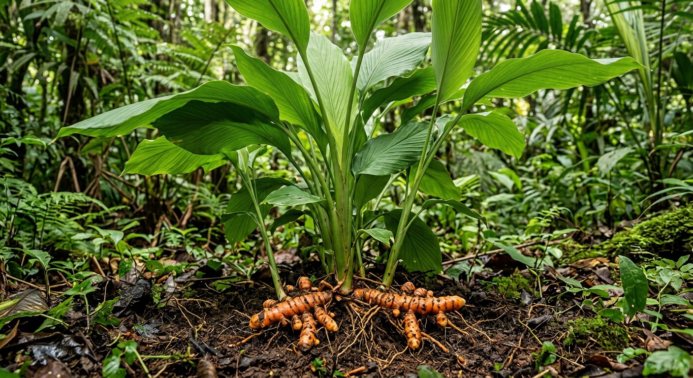 Curcuma longa turmeric plant and underground rhizome