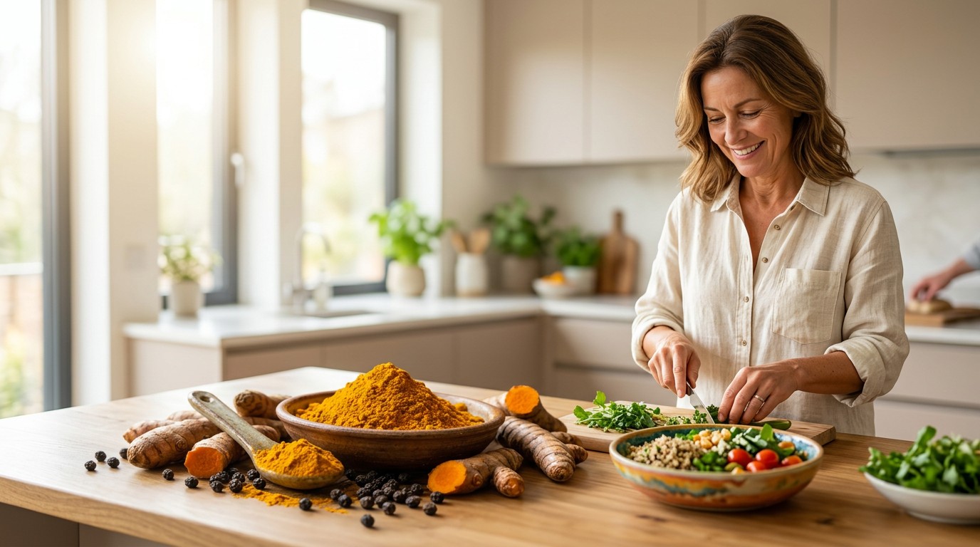 Person preparing a healthy meal with fresh turmeric as part of a balanced lifestyle that may support overall wellbeing.