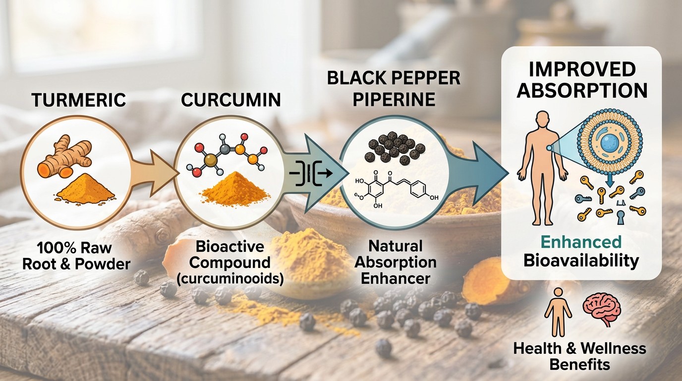 How piperine in black pepper helps turmeric absorption.