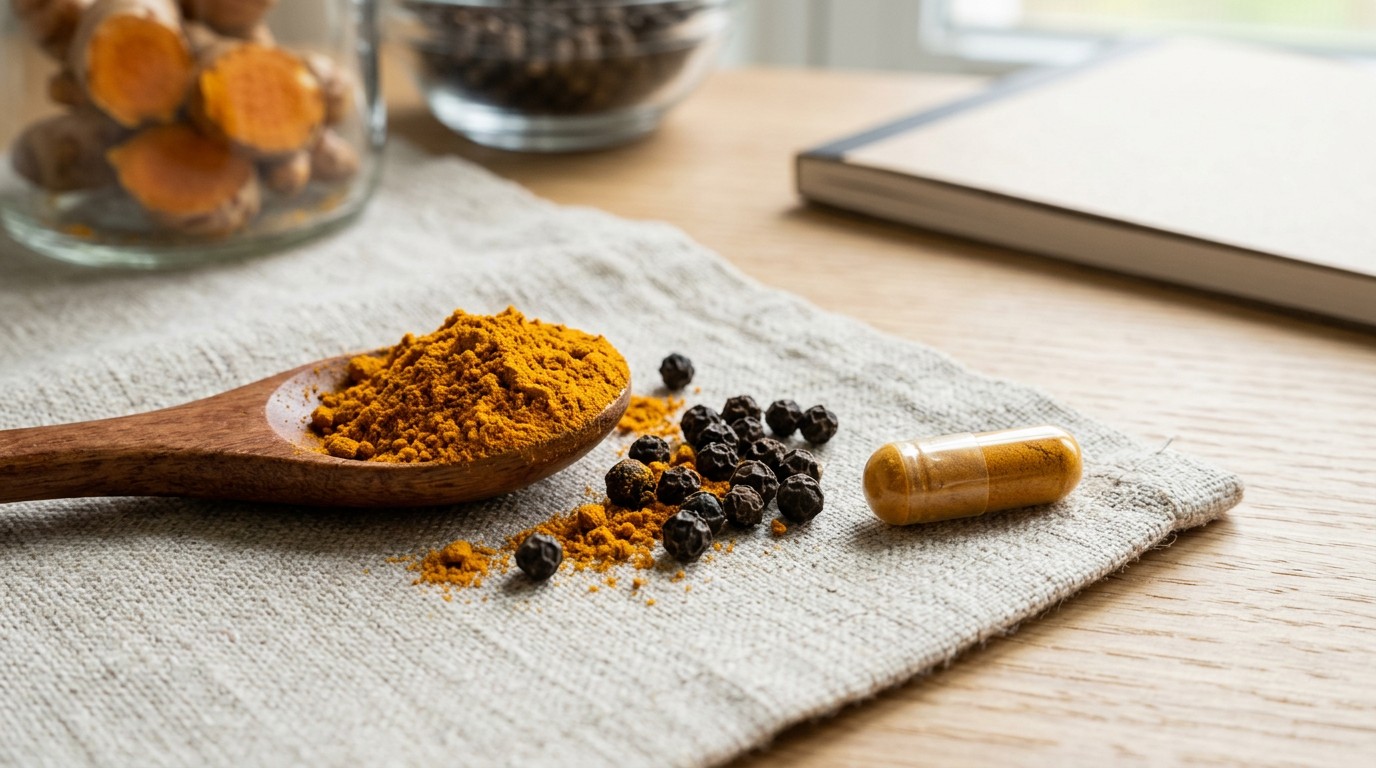 Turmeric powder and black pepper illustrating curcumin and piperine supplements.