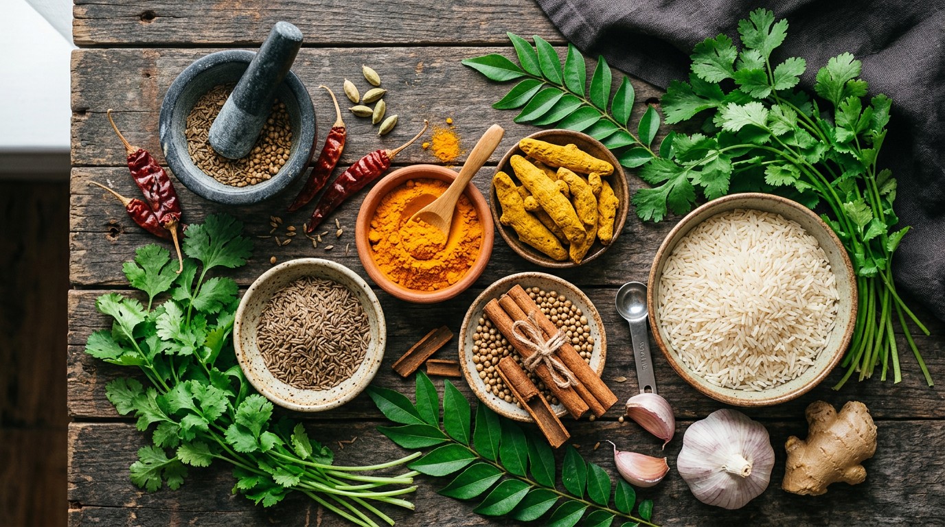 Ground dried turmeric surrounded by curry spices, rice, and fresh herbs on a kitchen worktop.