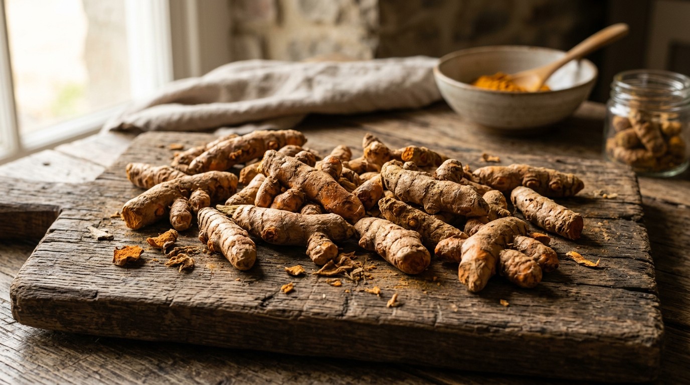 Whole dried turmeric rhizomes with rich golden-orange colour on a wooden surface.